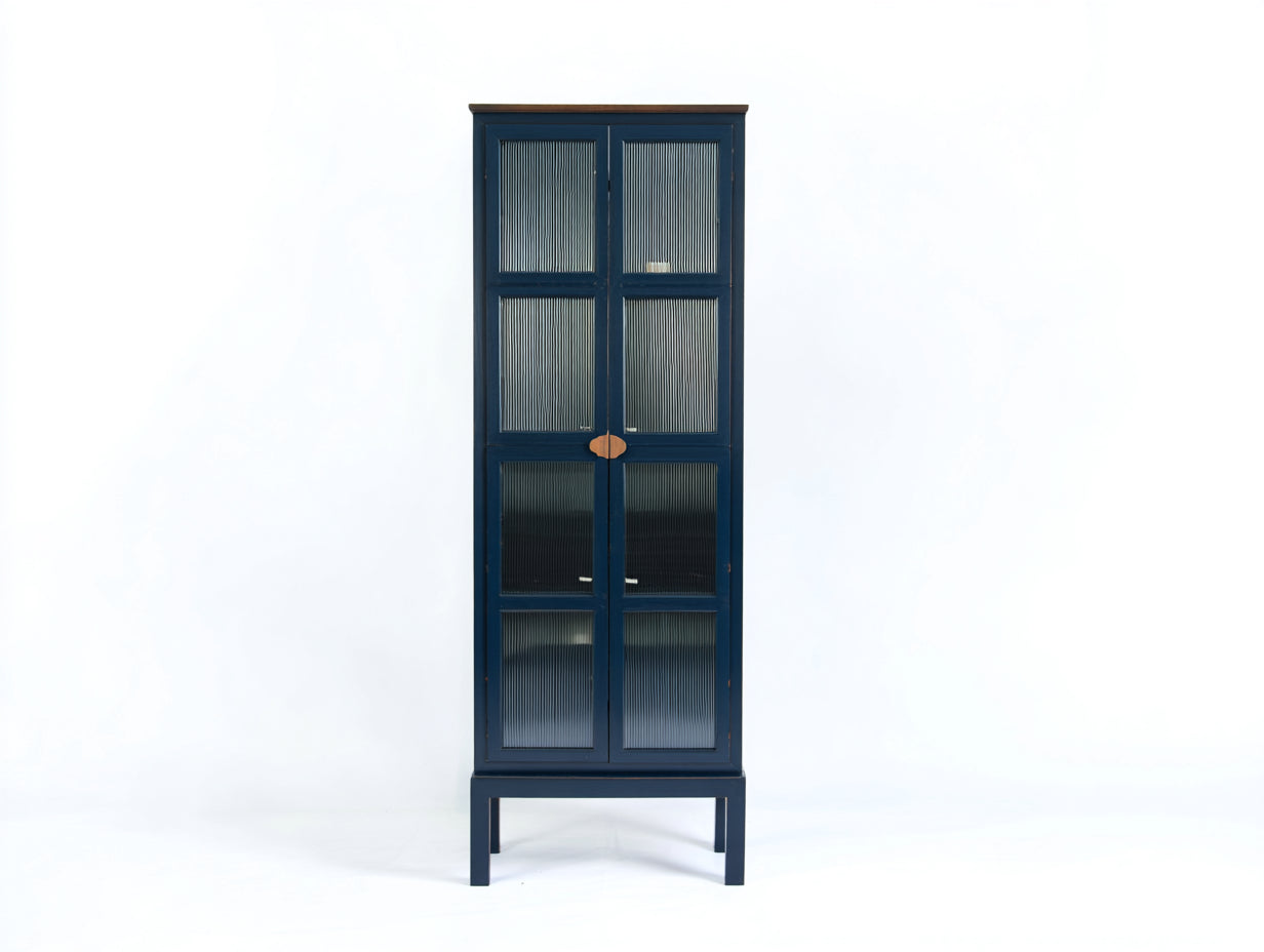 Vitrinen Holzwerkstoff mit Riffelglas 80x38x180 cm - Dunkelblau - für Wohnzimmer und Esszimmer - Modernes Design
