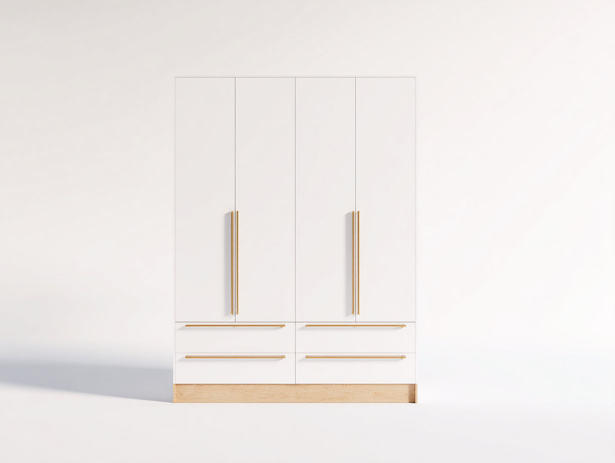 Kleiderschrank Holz 160x55x210 cm - Weiß-Natur - mit 4 Türen und 4 Schubladen