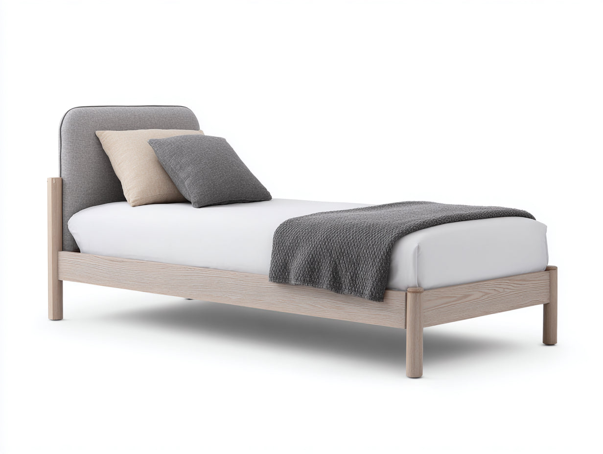 Einzelbett Massivholz mit Polsterkopfteil 205x98x92 cm - Natur-Grau - für Schlafzimmer - Modernes Design