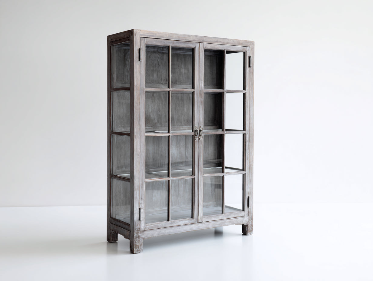 Vitrinen Holz 105x38x160 cm - Grau-Natur - Glasfront im Landhausstil