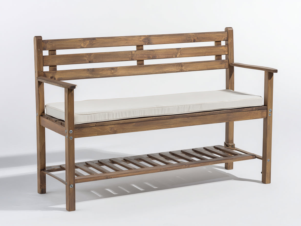 Gartenbank Holz 165x55x92 cm - Braun-Creme - mit Armlehnen und unterer Ablage